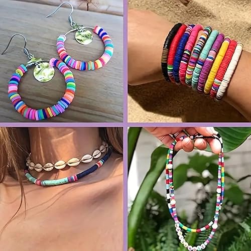 Miniatura 5 de Azuunye Juego de 6000 cuentas de arcilla para hacer pulseras, cuentas planas para hacer joyas de amistad con dijes y cuerdas elásticas, juego de