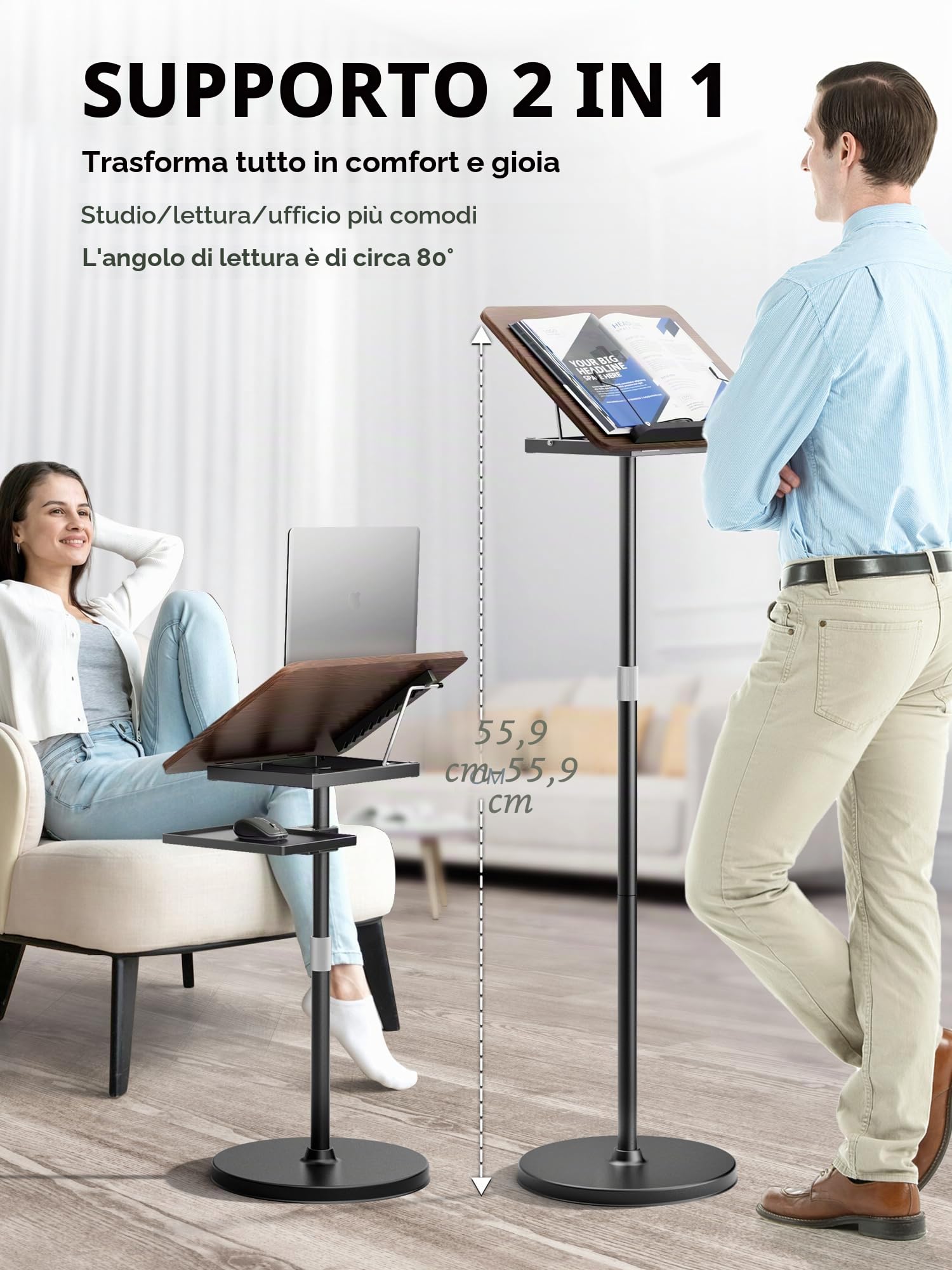 [2 in 1 Staccabile] Supporto PC Portatile Altezza Regolabile 60-130 cm, Tavolino Portatile Standing Desk per Supporto Proiettore, Leggio Musicale, Leggio per Libri - nero
