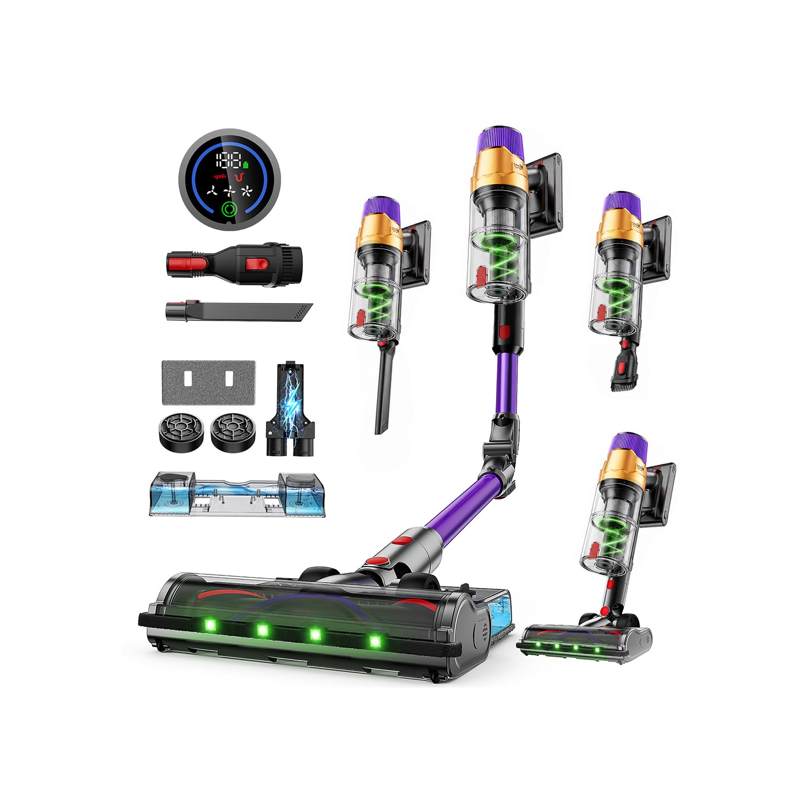 Linkifly A12 Akku Staubsauger mit Wassertank, 50Kpa, 600W, 70Min, 8-in-1, Kabelloser Staubsauger mit LED Touchscreen, 1,5L Staubbehälter, Anti-Tangle Bürste, Faltbares, für Teppiche/Autos/Tierhaare | Kabelloser Staubsauger mit LED Touchscreen, 1,5L Staubb