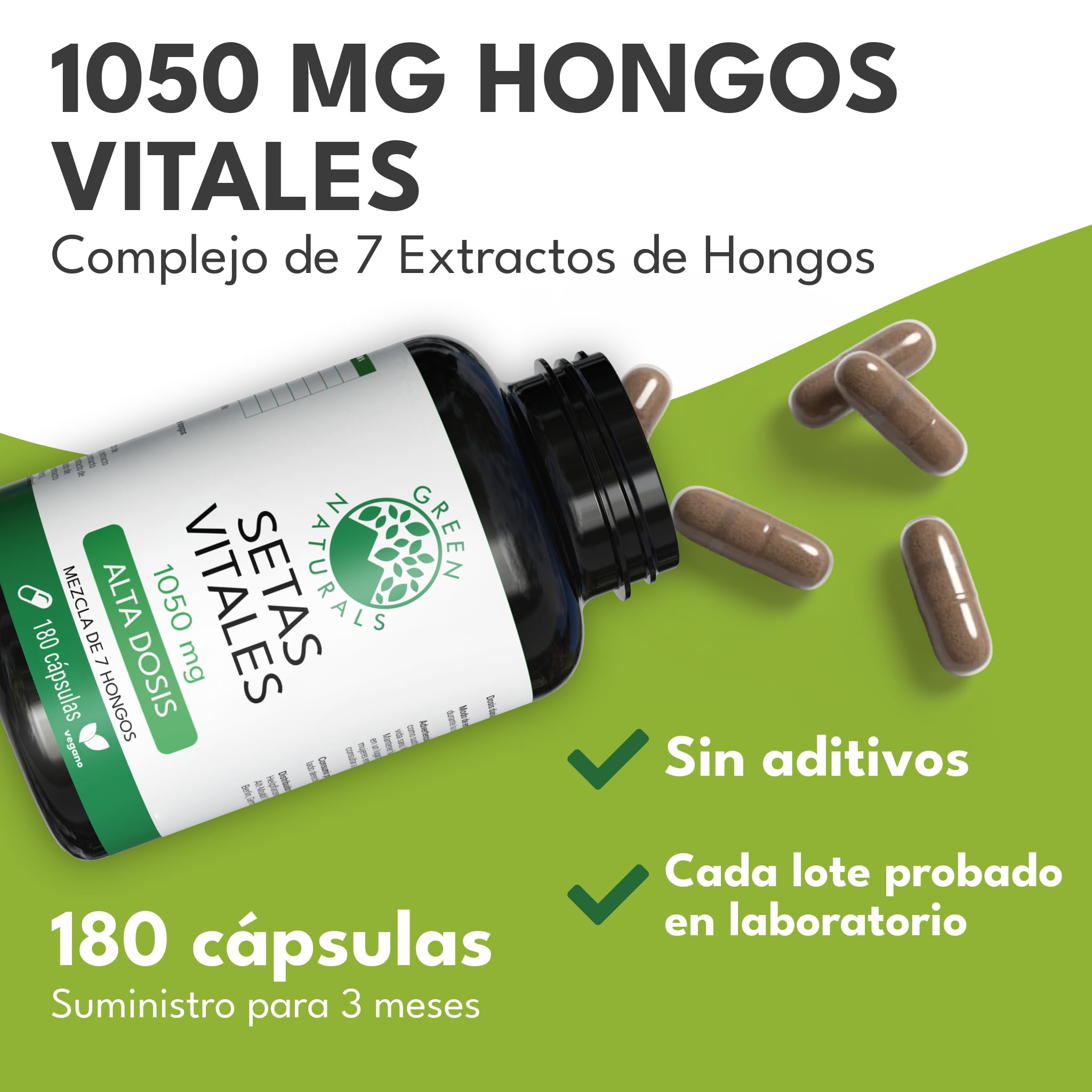Green Naturals Complejo 7 Hongos Medicinales alta dosis – 1 050 mg/dosis (150 mg de Reishi, Cordyceps, Shiitake, Maitake, Hericium, Agaricus, Chaga) – vegano, sin aditivos – 180 cápsulas