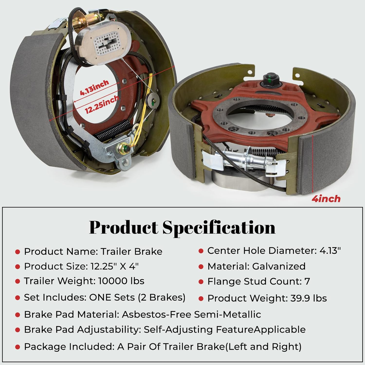 10k Trailer Brake 12-1/4" x 4" (12.25" X 4") A Pair for 10,000 Lbs(10k) Trailer Axles, Electric Brake Backing Plate Assembly with 7 Bolt Brake Flang Compatible with Dexter K23-438/K23-439(Right+Left)