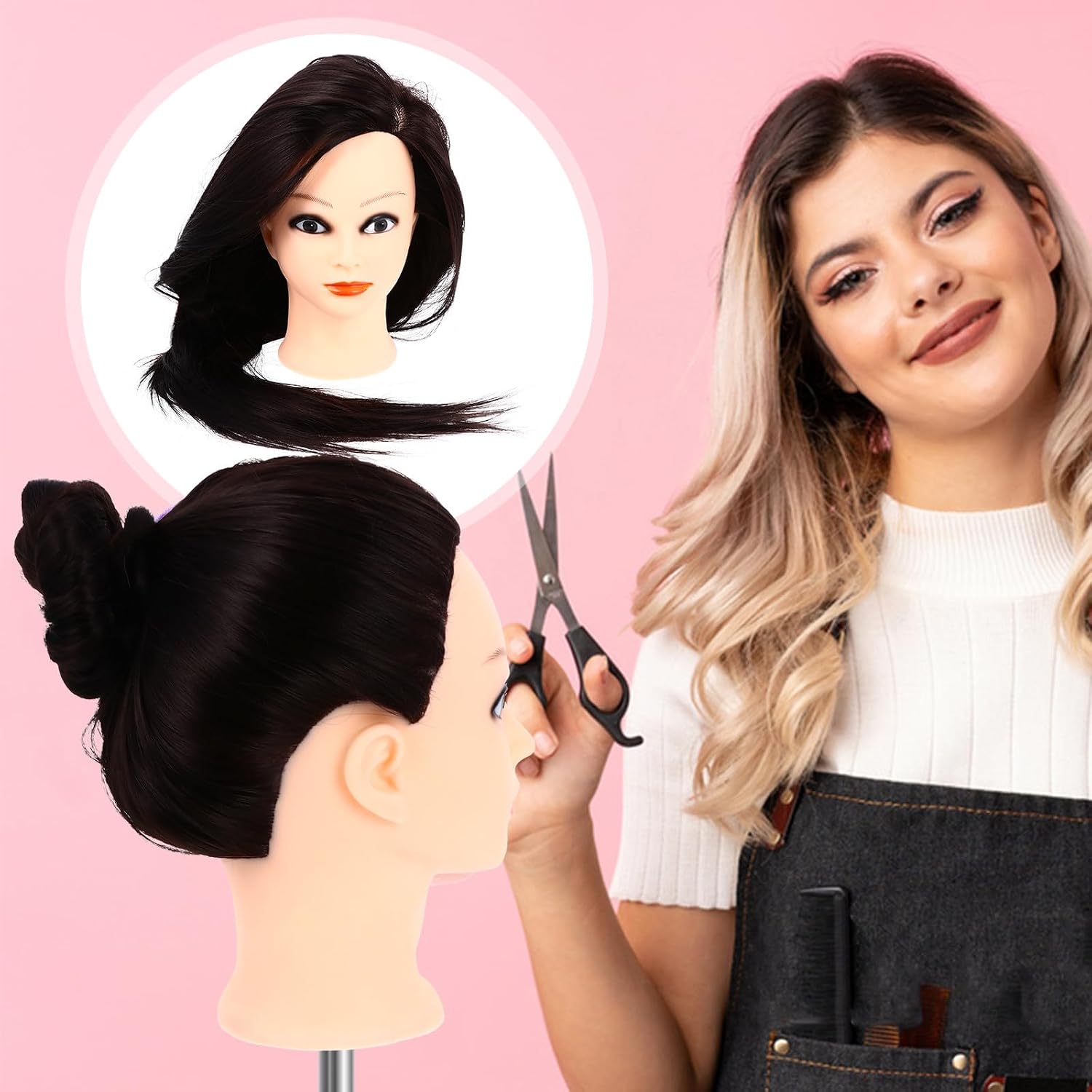 SHOWERORO Hairdresser Mannequin Head with Synthetic Hair, Salon Cosmetology Practice Manikin for Braiding and Styling Training, Natural Color with Makeup, Suitable for Hairdresser and