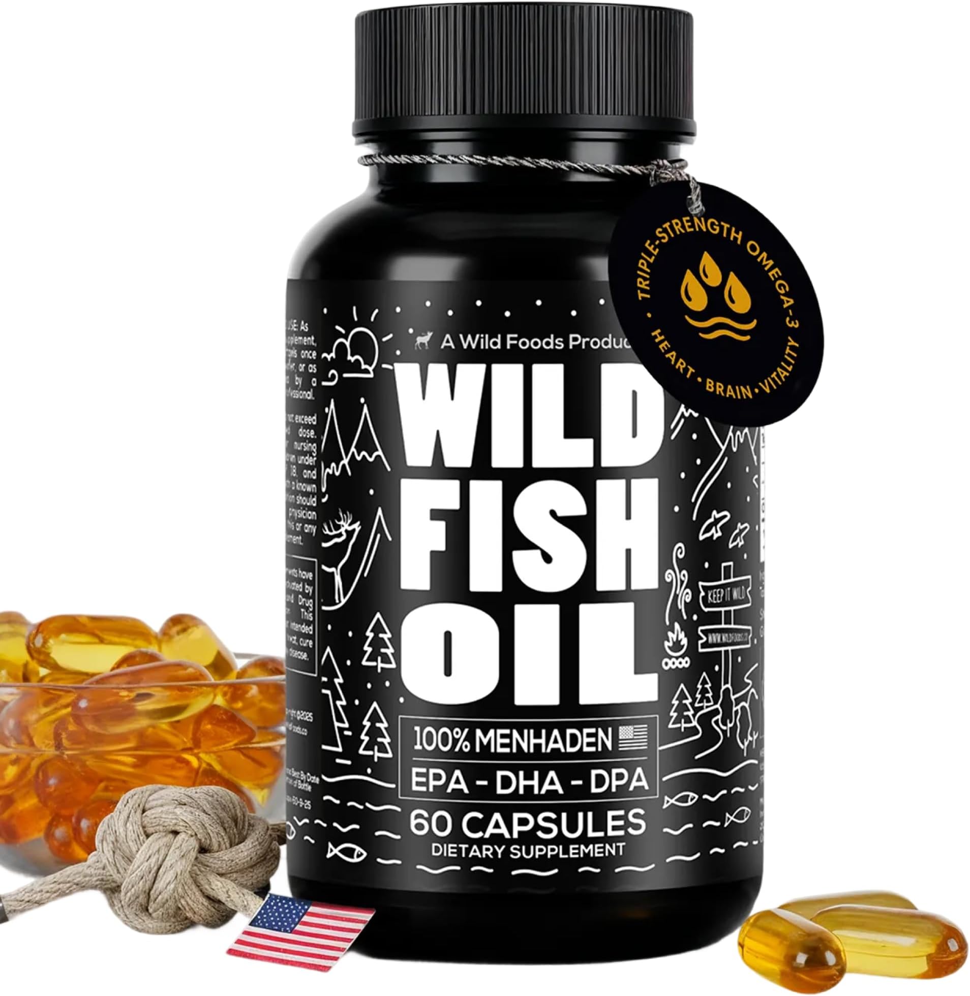- Wild Foods Fish Oil Omega 3 Supplements | 1600 mg | Highly-Potent: DPA, DHA, EPA | Burpless, Odorless, Non-GMO, Gluten Free | For Brain & Heart Health, Joint Support | 60 Capsules (1 pk) | 30 Servings