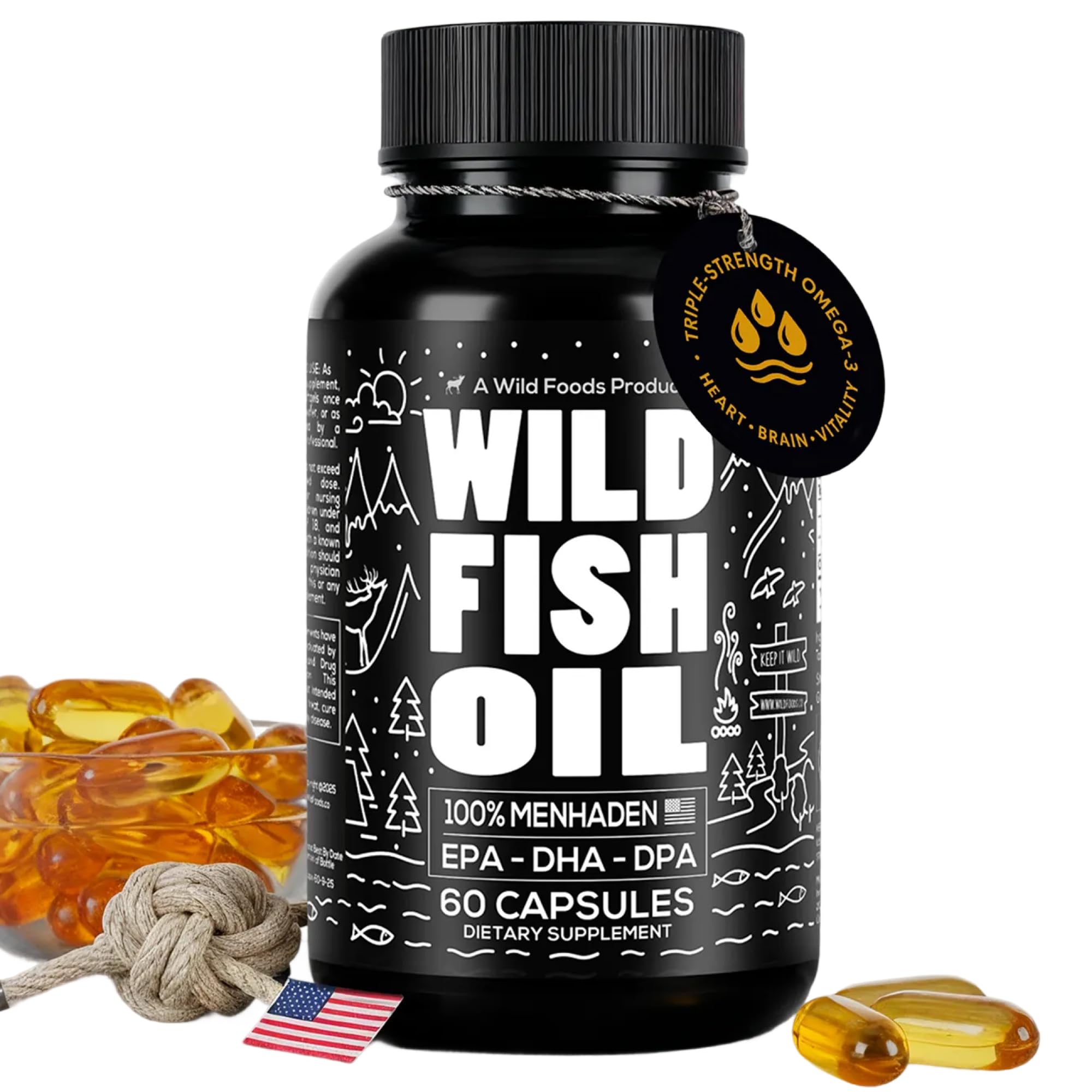 Wild Foods Fish Oil Omega 3 Supplements | 1600 mg | Highly-Potent: DPA, DHA, EPA | Burpless, Odorless, Non-GMO, Gluten Free | For Brain & Heart Health, Joint Support | 60 Capsules (1 pk) | 30 Servings