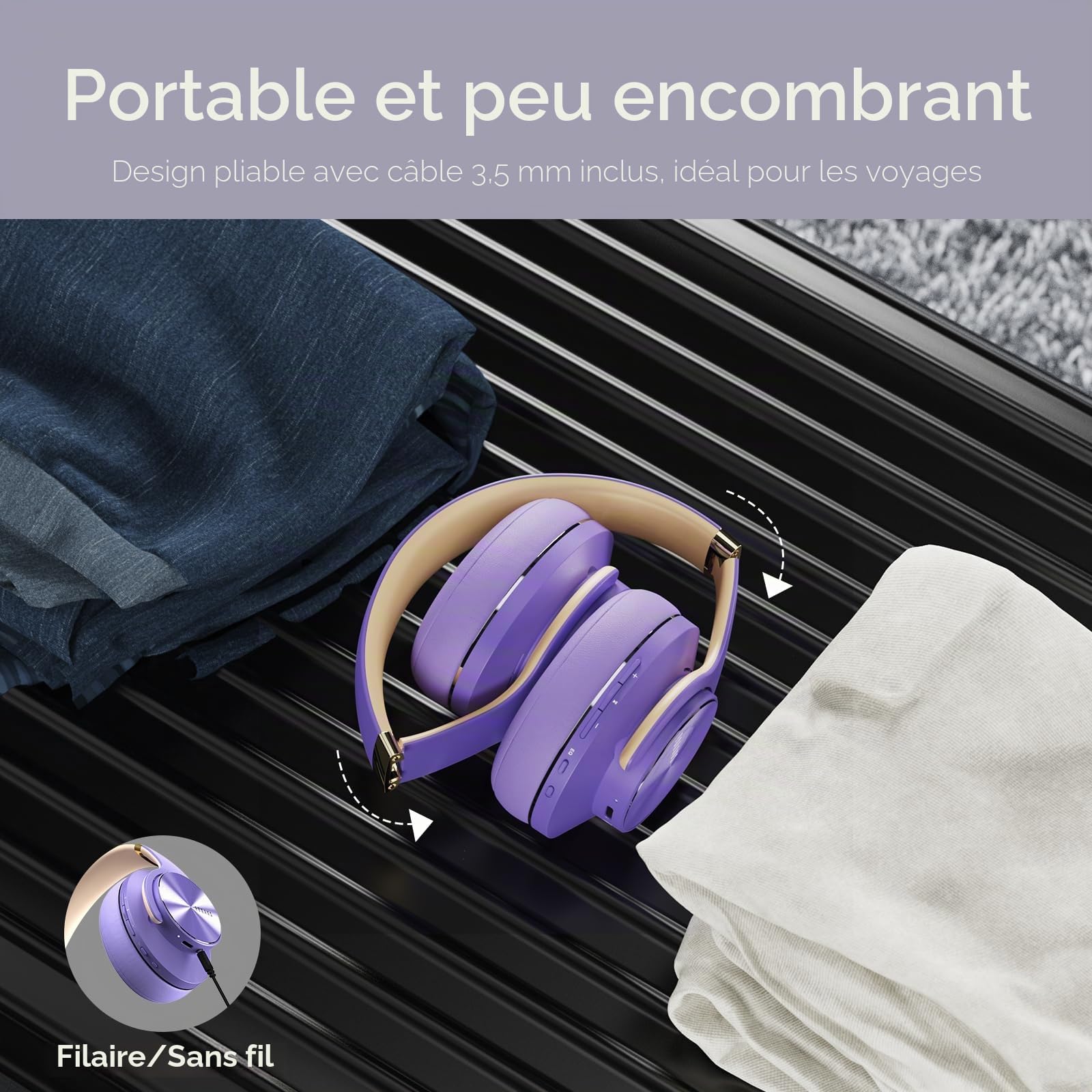 DOQAUS Casque Bluetooth sans Fil 90H Durée de Lecture,Casque Audio Bluetooth avec Microphone/3EQ,Wireless Headphones Pliable pour Ordinateurs/Téléphones Mobiles
