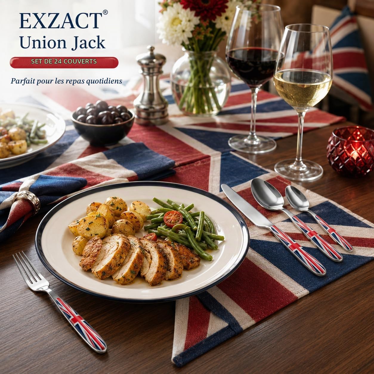 EXZACT 24 pièces Union Jack Couverts acier inoxydable couverts set pour 6