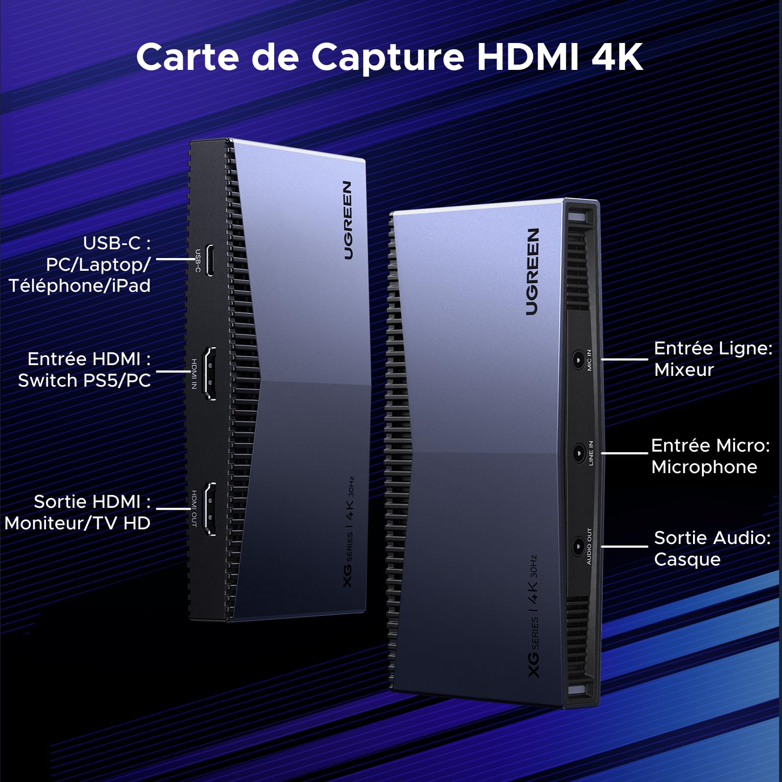 UGREEN 4K 30Hz Carte de Capture Vidéo HDMI USB C 3.2 4K 60Hz Enregistrement