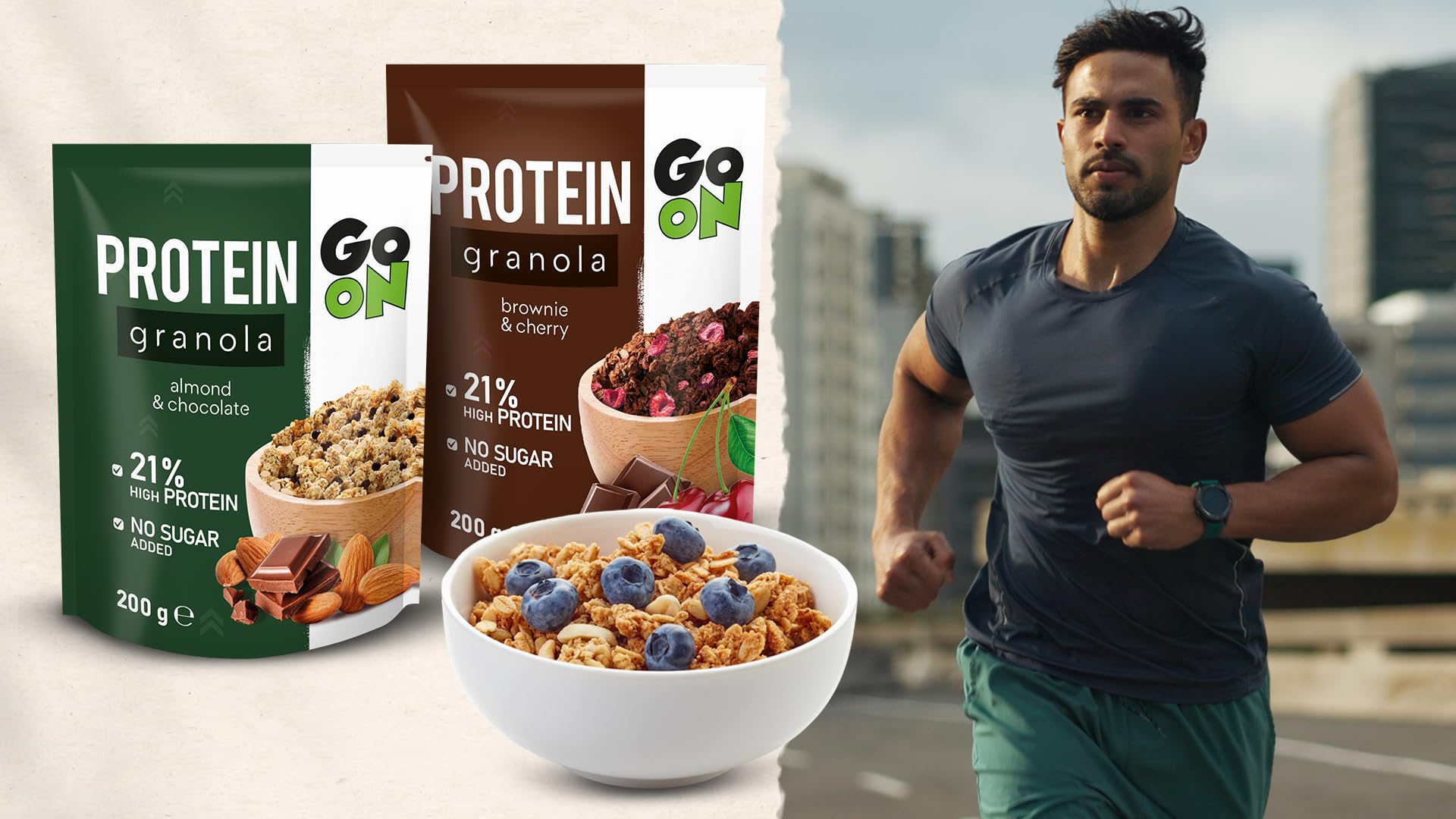 GO ON - Granola białkowa 300g, musli bez cukru, musli granola, chrupiące musli, musli z białkiem roślinnym, zdrowe musli, zdrowe śniadanie, płatki zbożowe - Brownie Cherry