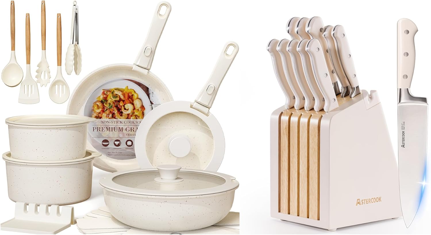 Astercook 21 Pcs Pots and Pans Set Non Stick and 12-Piece Full Tang Kitchen Knife Set with Block and Sharpener