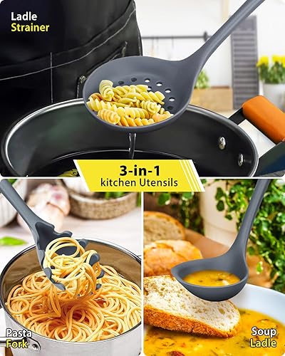 Miniatura 7 de Juego de 3 utensilios de cocina de silicona, cucharón de sopa, tenedor de pasta, cuchara de slottee, antiadherentes, sin BPA, utensilios de cocina