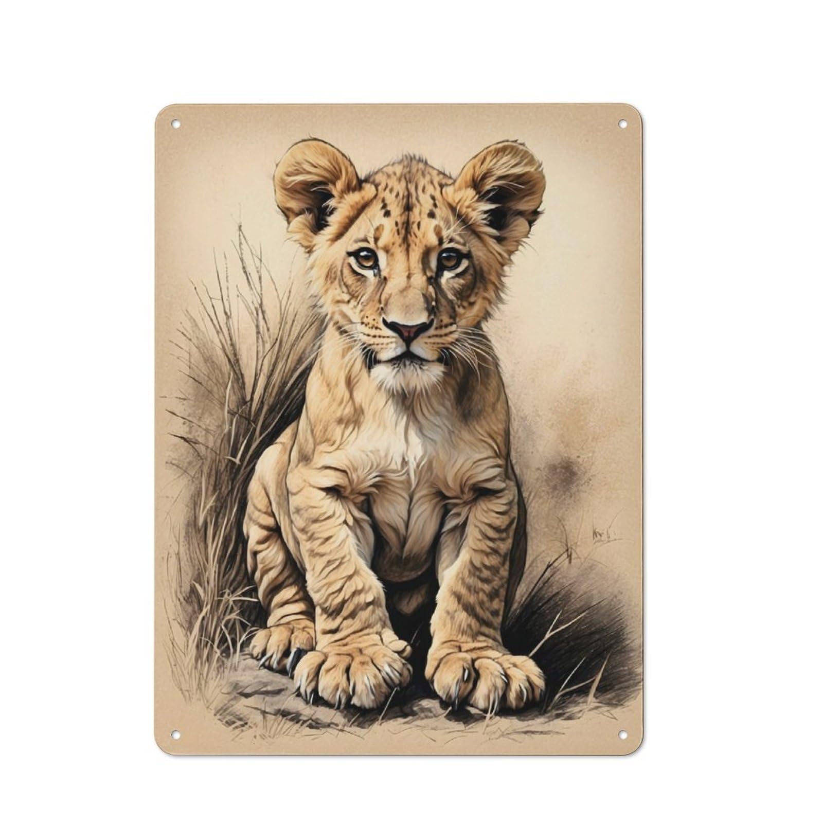 Lion Cub In The Savannah Vintage Metal Wall Decor 40x30cm, Garage Metal Sign for Workshop, Basement, Shed Or Games Room