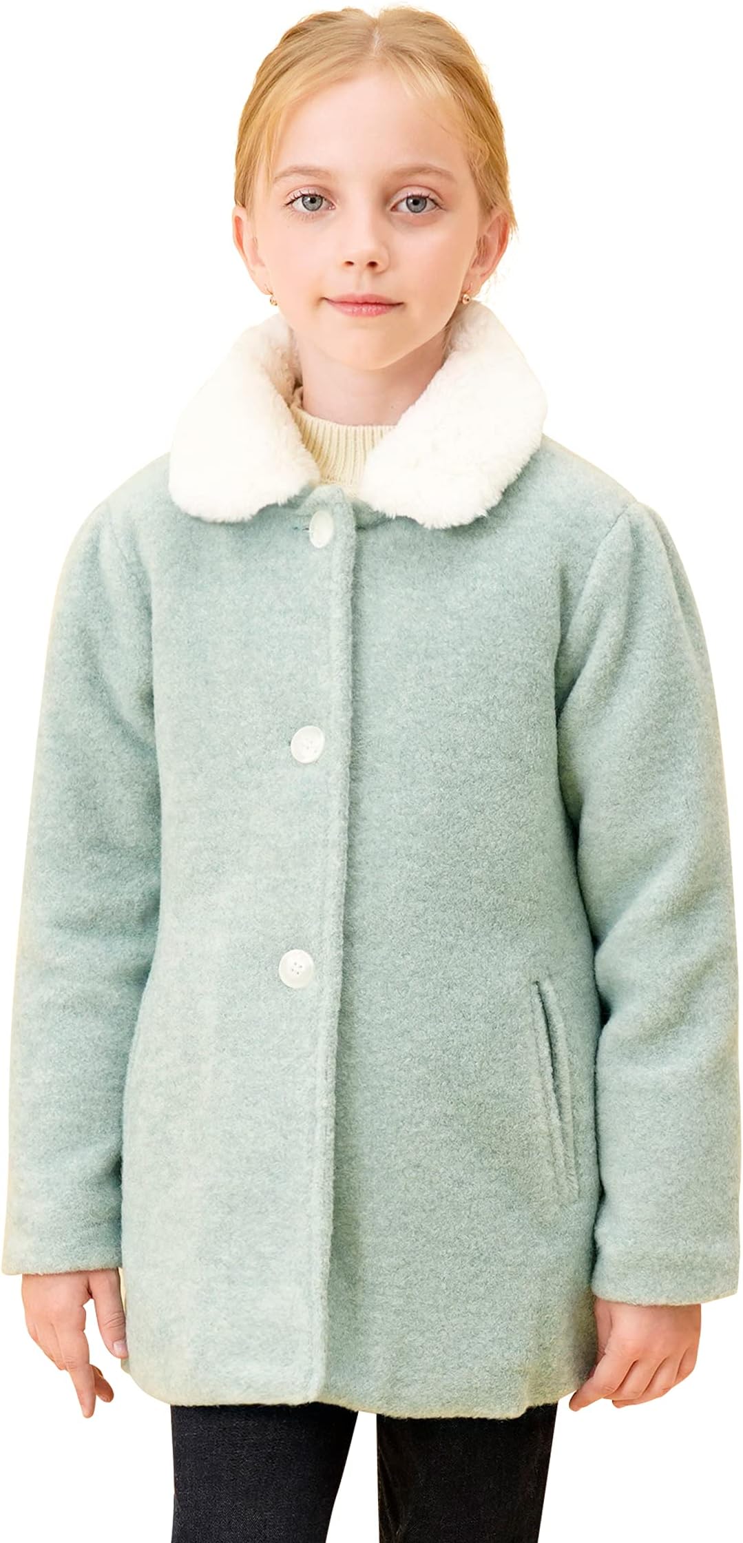 SOLOCOTEGirls Winter Wool Dress Coat Cotton Quilted Peacoat Single Breasted Fur Collar Jacket