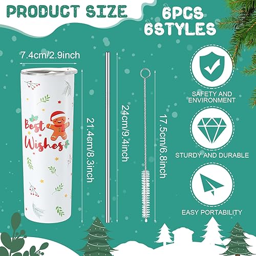 Miniatura 2 de Juego de 6 vasos de Navidad de 20 onzas, taza de Navidad de viaje de acero inoxidable con tapas, pajitas y cepillos, doble aislamiento, vaso de
