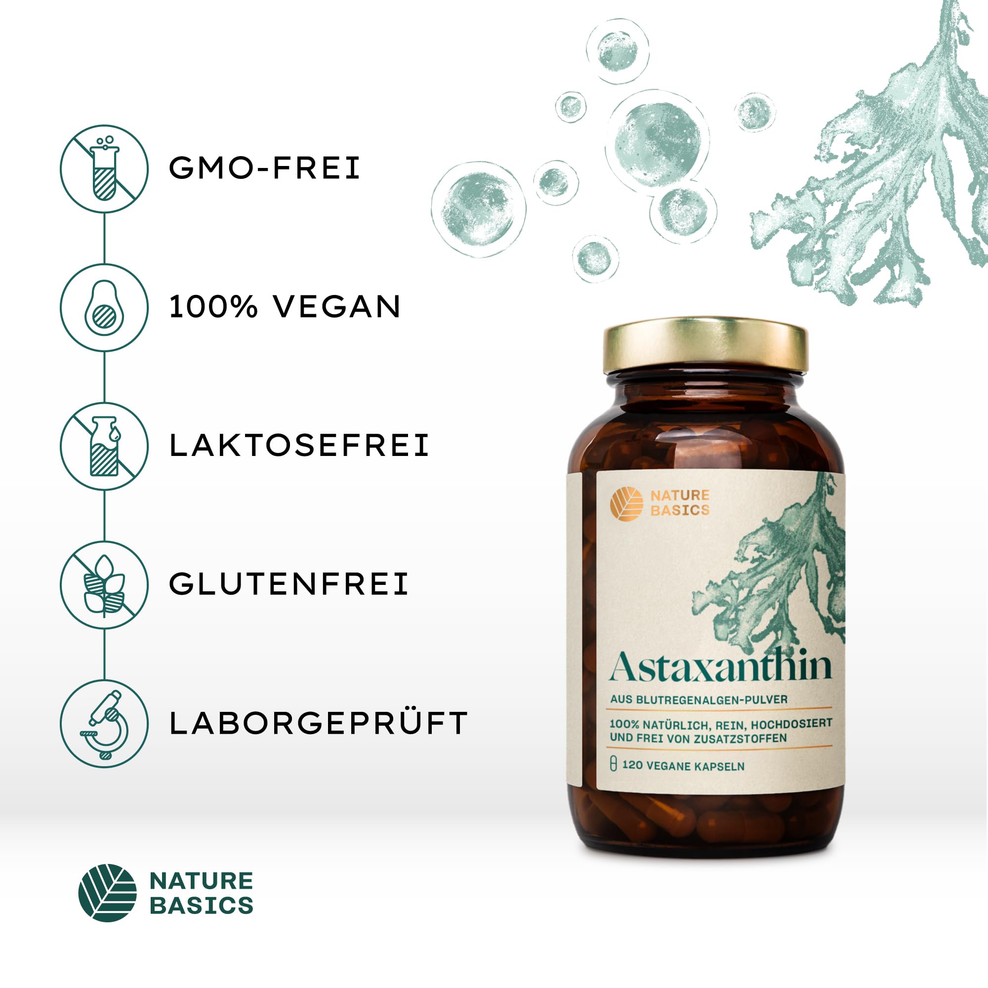 Nature Basics Astaxanthin hochdosiert - mit 7,8 mg reines & hochwertiges, natürliches Astaxanthin pro Kapsel - 120 Kapseln - vegan, zertifiziert & nachhaltig im Glas