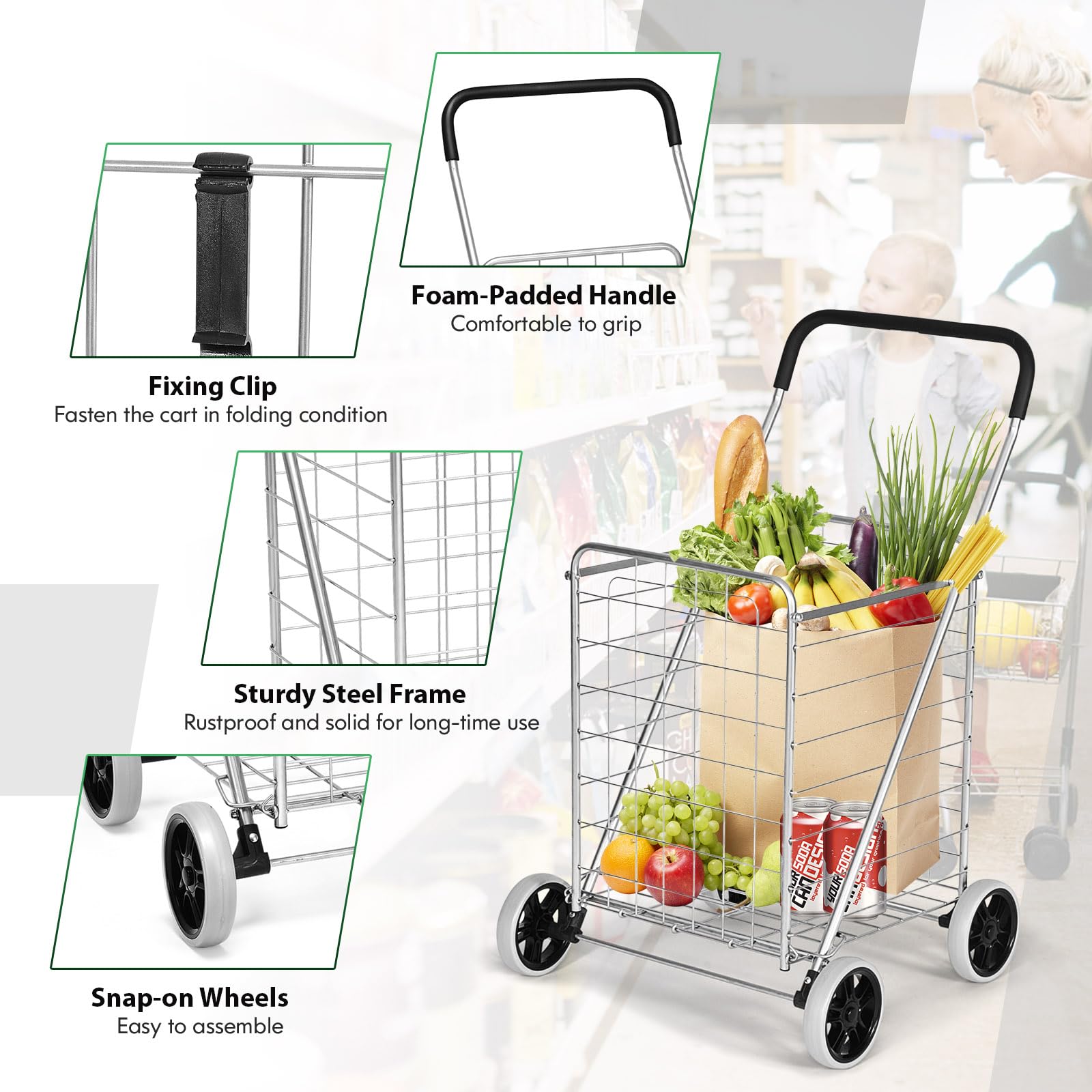 SOARS Carrello per la spesa pieghevole 83L, con ruote grandi e maniglia, telaio in metallo, carico 45 kg, carrello della spesa per supermercato, biancheria, bagagli, 57 x 58,5 x 91,5 cm (argento)