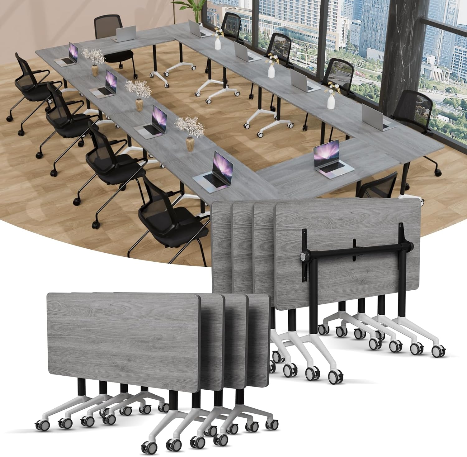 Modern Conference Table,4PCS Folding Conference Table with 360°Mobile Wheels,Office Conference Room Table for 4-6 Person,Modular Meeting Table (Grey, 63in)