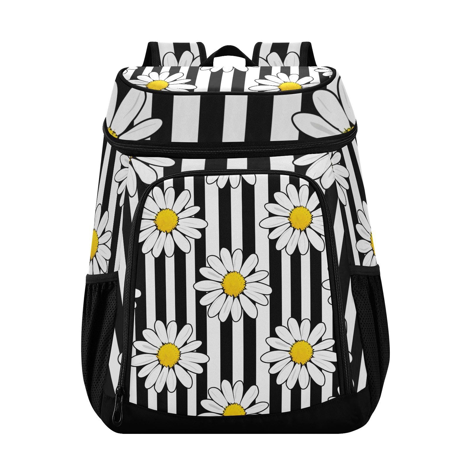 White Daisies Black Stripes Cooler Backpack Cooler Insulated Leak Proof Lunch Backpack 36 Cans Waterproof Soft for Men Women Picnic Hiking Camping Beach