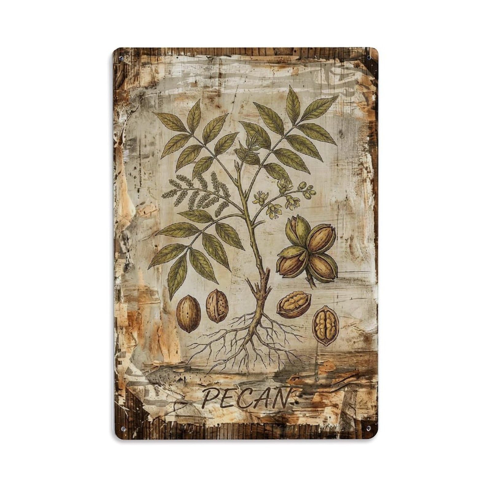 Pecan Tree Nut 1 Vintage Metal Tin Sign Plaque Wall Decor for Cafe, Club, Garden Metal Poster 8x12Inch