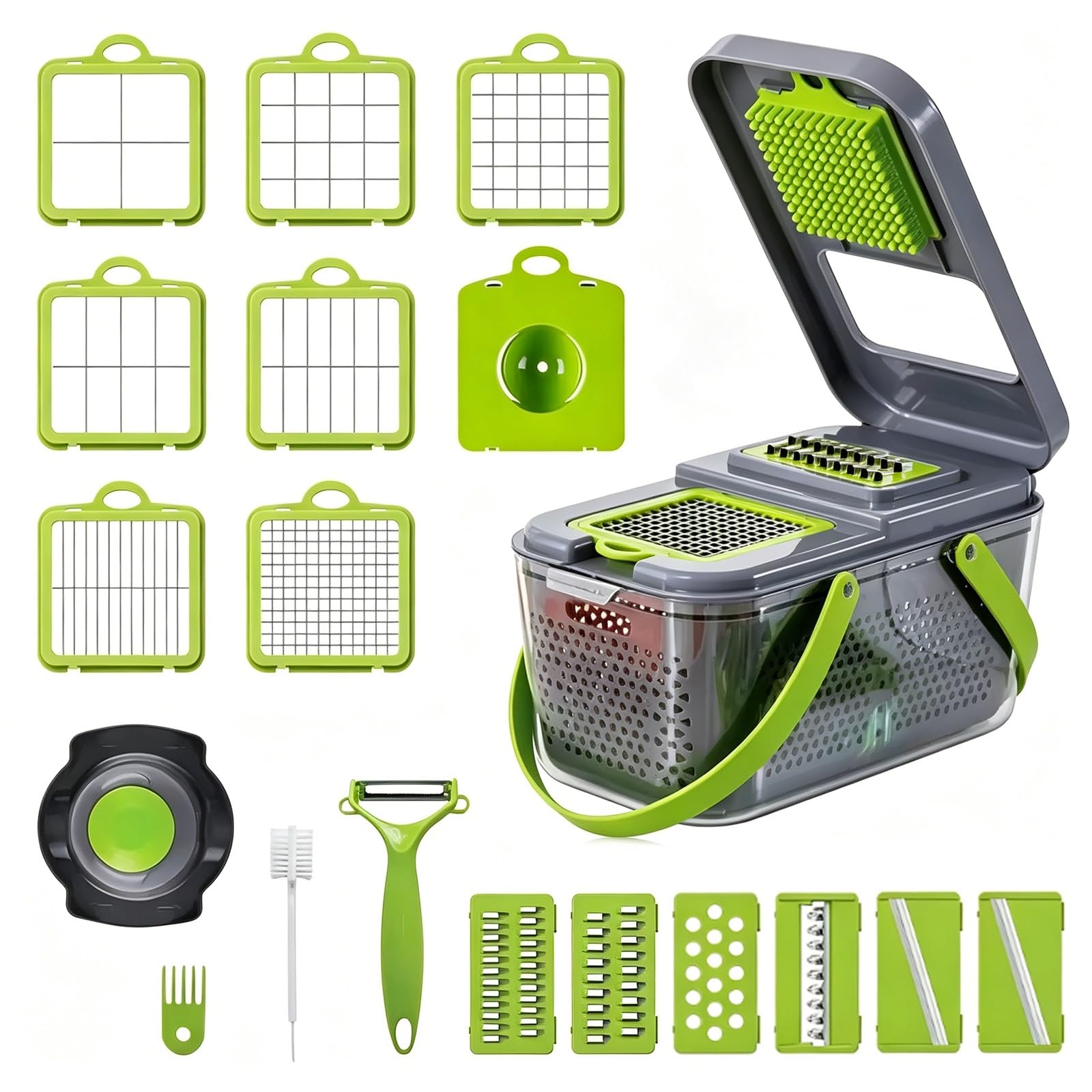 Cortador de Verdura Manual, Mandolina de Cocina Multifuncional con 14 Cuchillas Acero Inoxidable, Material Resistente, Cortador Verduras para Ensaladas, Utensilios Cocina