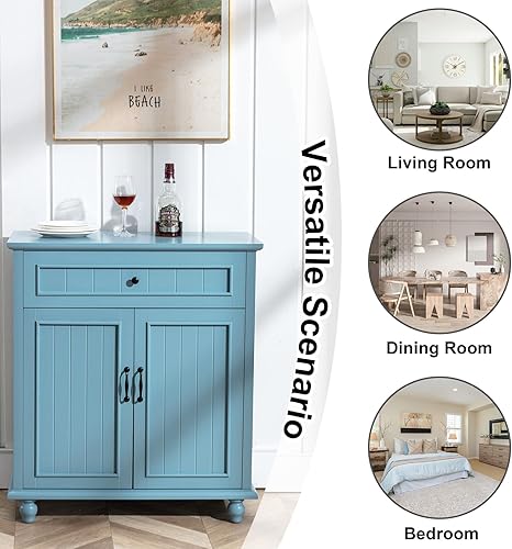 Miniatura 4 de UEV Gabinete de bufé, gabinete de cocina con almacenamiento, aparador azul con 2 puertas y cajones, mesa de consola de bufé para comedor, cocina y