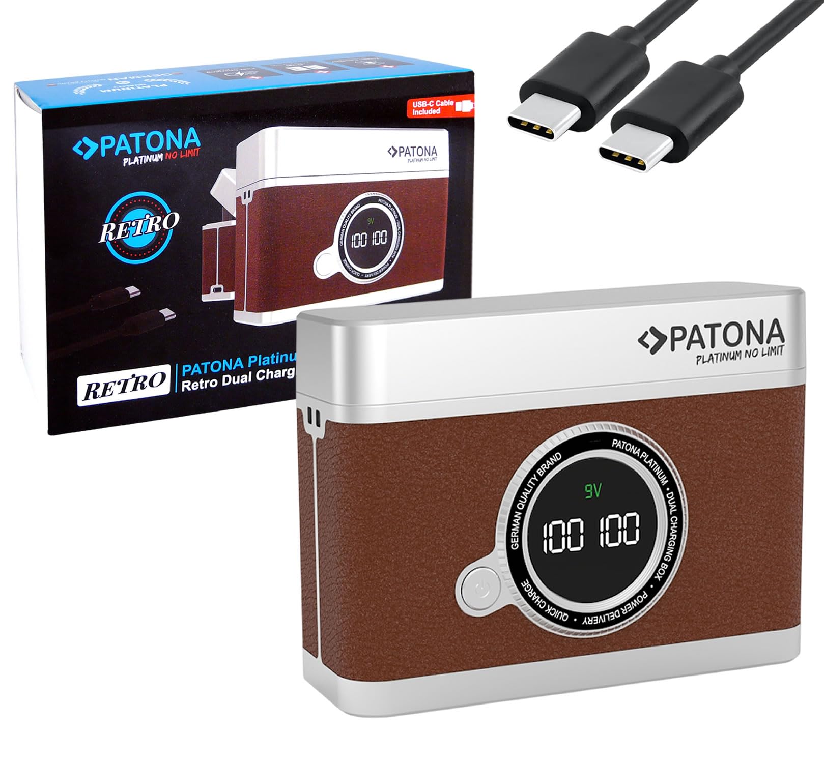 PATONA Platinum Retro Dual Ladebox USB-C für Fuji NP-W126 NP-W126S Akku – Schnellladegerät mit LED-Display, PD & QC, 8.4V, Lade- & Aufbewahrungsbox kompatibel mit X-H1 X-Pro3 X-T30 X-T200 X-A10
