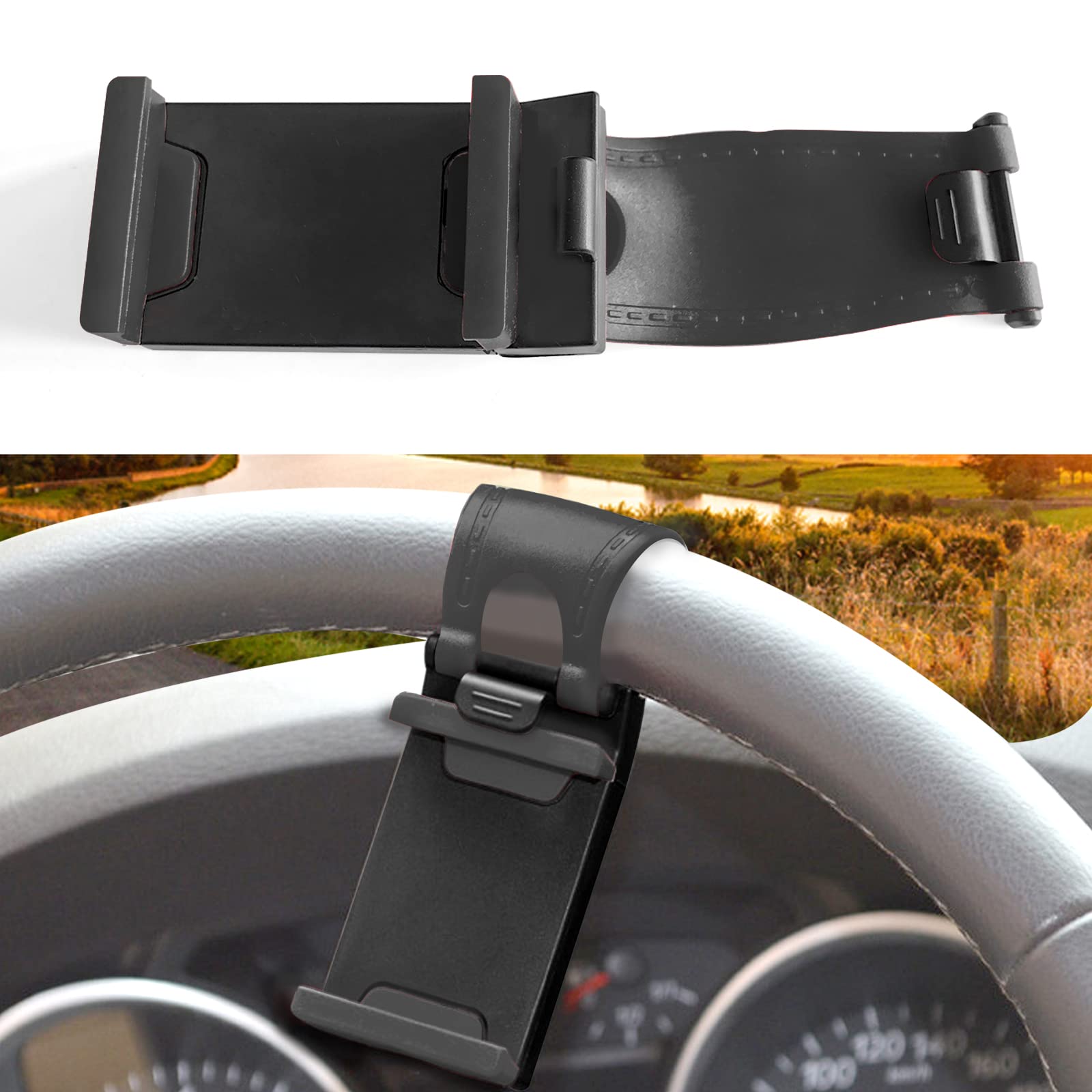 Car Steering Pad Phone Holder, Car Phone Holder, Compatible with iPhone 14, 13/12 Pro, Xs, Samsung and More Devices, Universal All Vehicles Steering Phone Dock (Black)