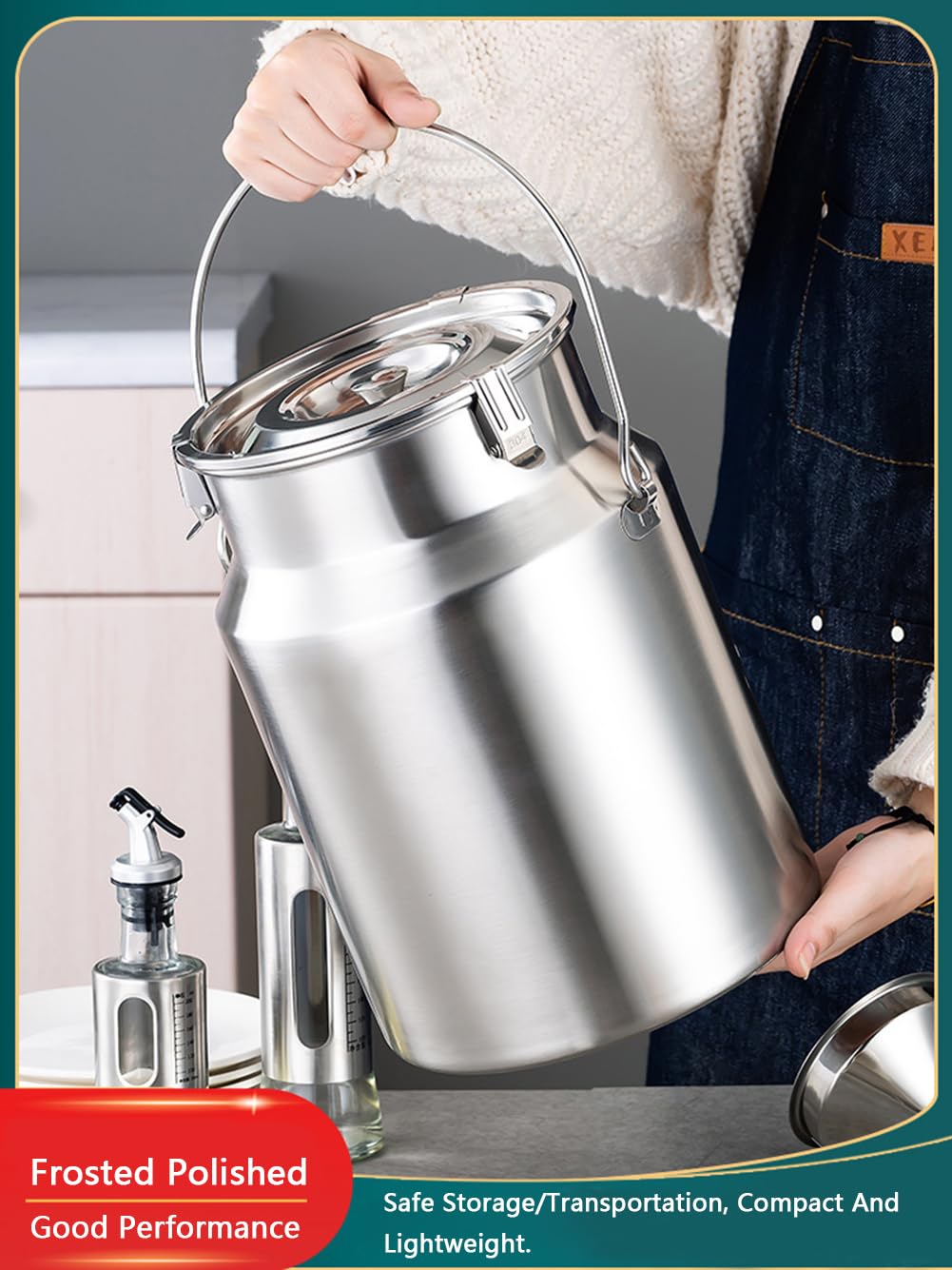 Lattiera in acciaio inox resistente con coperchio ermetico e maniglia, capacità 3-10 litri, colore argento. (10L)