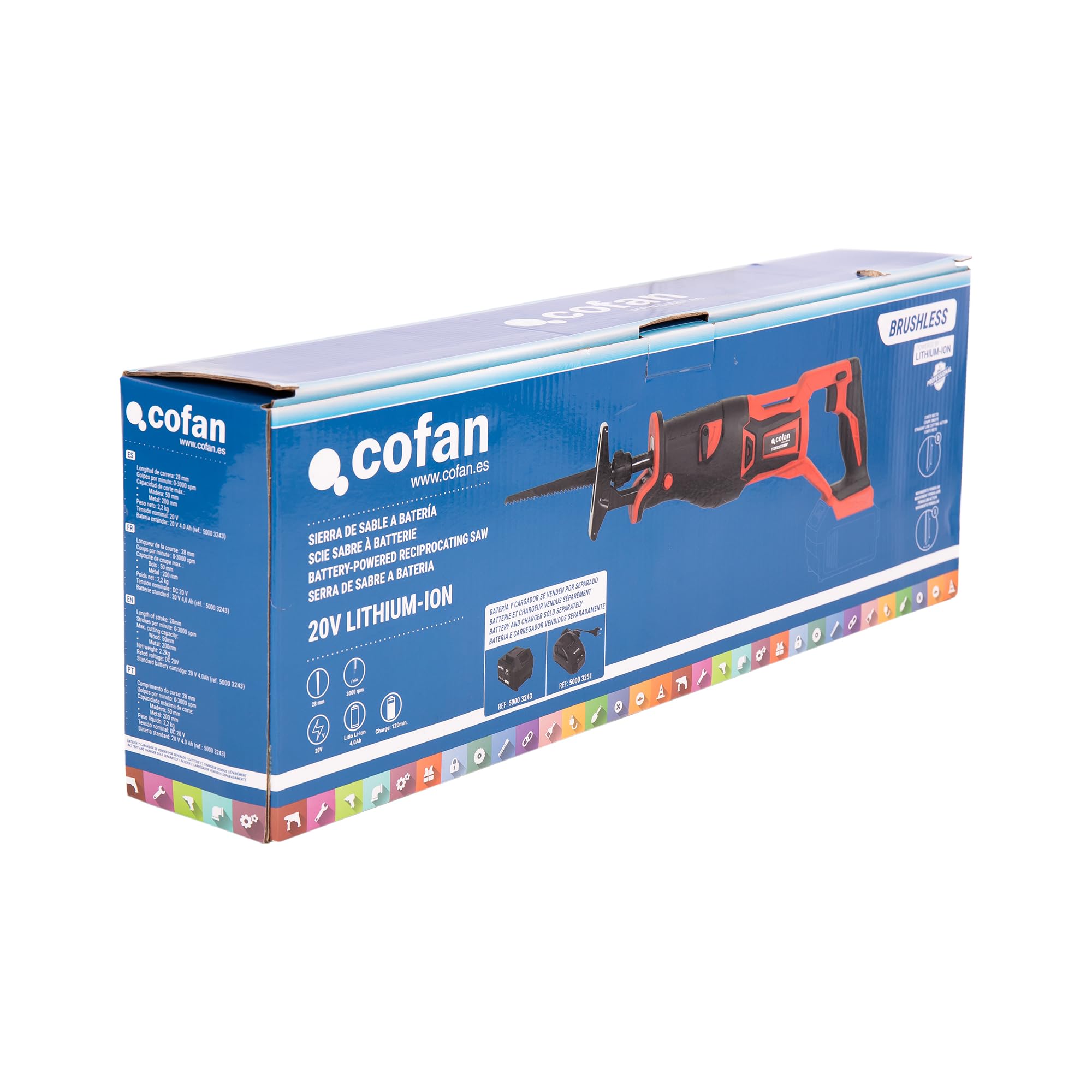 Cofan Sierra de sable a batería | Potencia: 20 V | Motor sin escobillas | Velocidad variable 0–3000 rpm | Corte 200 mm Madera / 50 mm Metal | Batería y cargador no incluidos