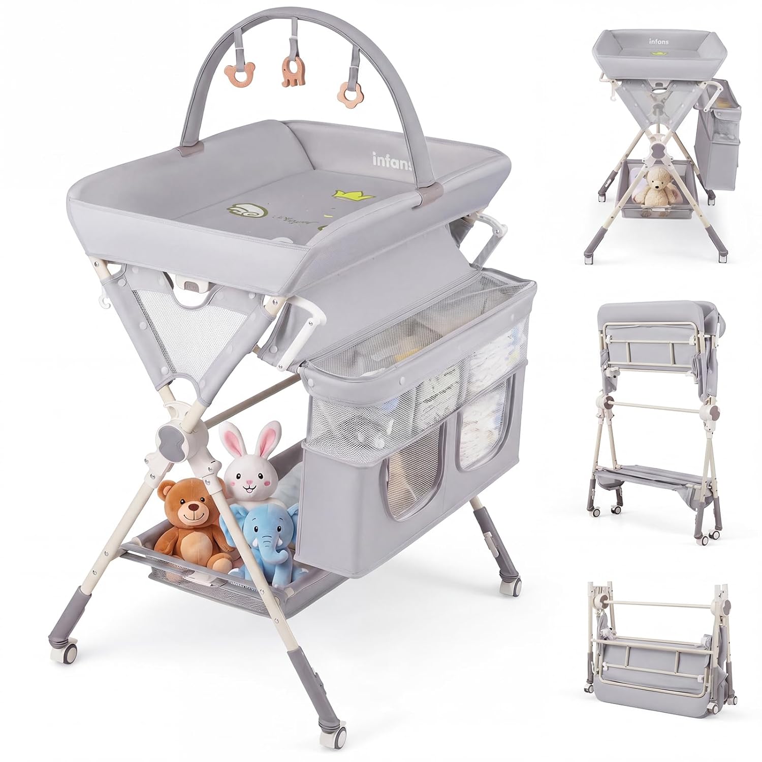 INFANS Portable Baby Changing Table with Wheels, Foldable Diaper Changing Station with Adjustable Heights, Large Organizer Storage for Newborn Infant (Light Gray)