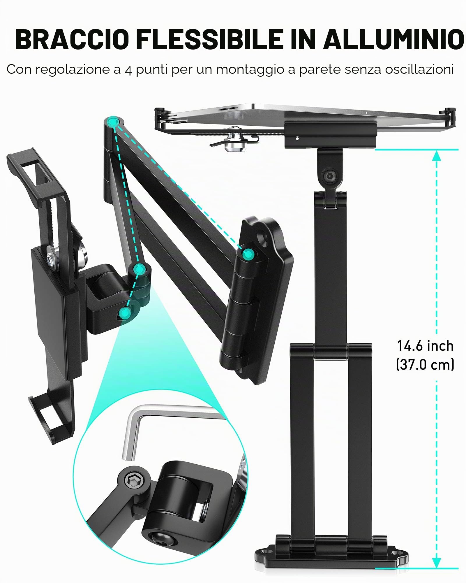 AboveTEK Supporto da Parete per Tablet/iPad/Ardesia/Fuoco da 7 a 11 Pollici, Porta per Tablet con Serratura di Sicurezza Antifurto e Chiave, Supporto Snodato Regolabile con Braccio Lungo(Nero)