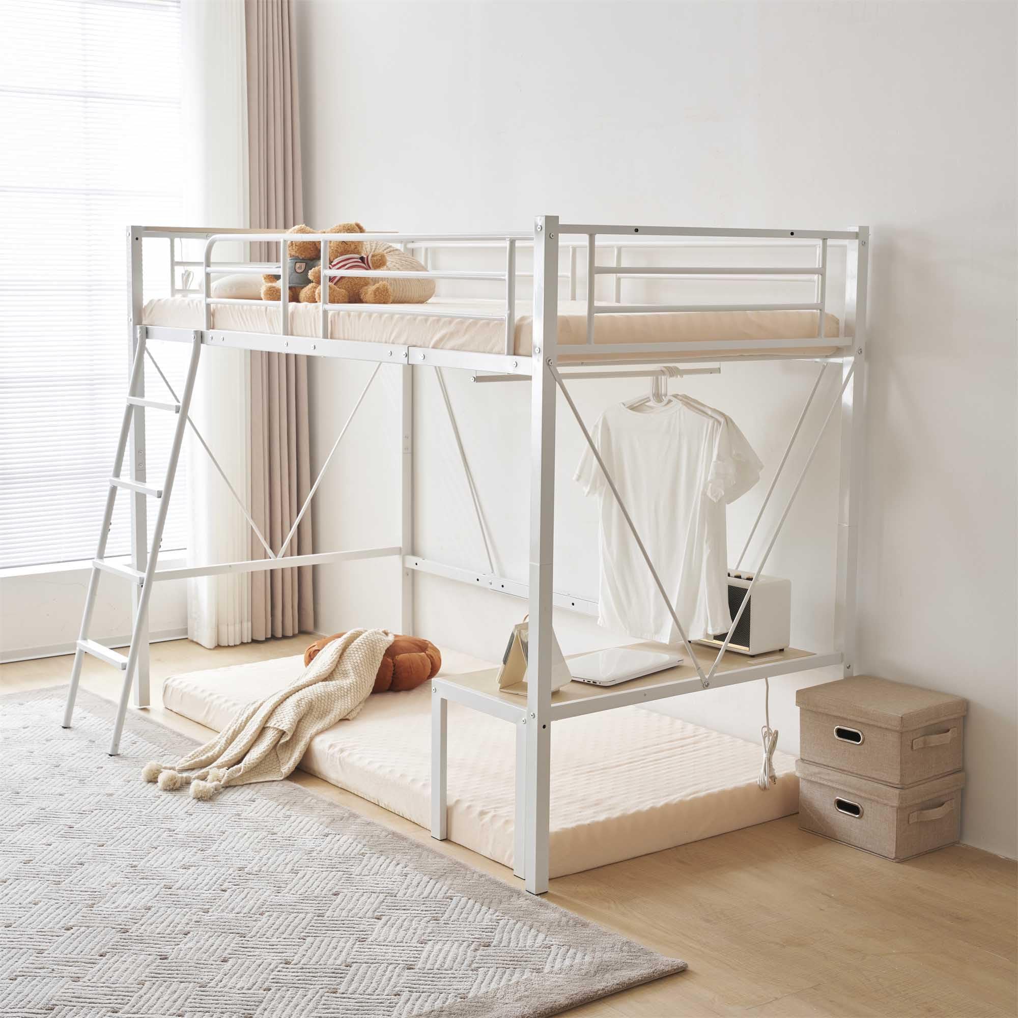 【150cm Middle Type】Single Loft Bed | Movable Low Desk & Outlet Included | Hanger Rack & Earthquake-Resistant Design | Ideal for Children's Room & Space-Saving Storage (White)