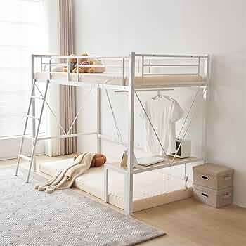 ロフトベッド lofty ホワイト ハンガーラック付き Amazon｜【150cm ミドルタイプ】シングルロフトベッド｜可動