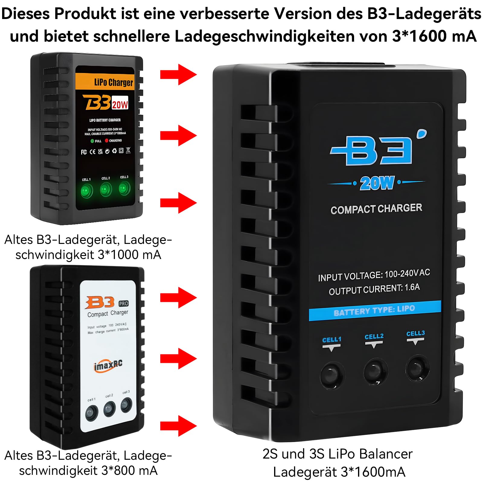 Lipo B3 Charger 20W 1.6A for 2S 3S Batteries (7.4V, 11.1Volt) RC Car Balancer Charger with XH3P and XH4P Plug for RC Car Boat Airplane Monstertruck Quadcopter Airsoft - 3