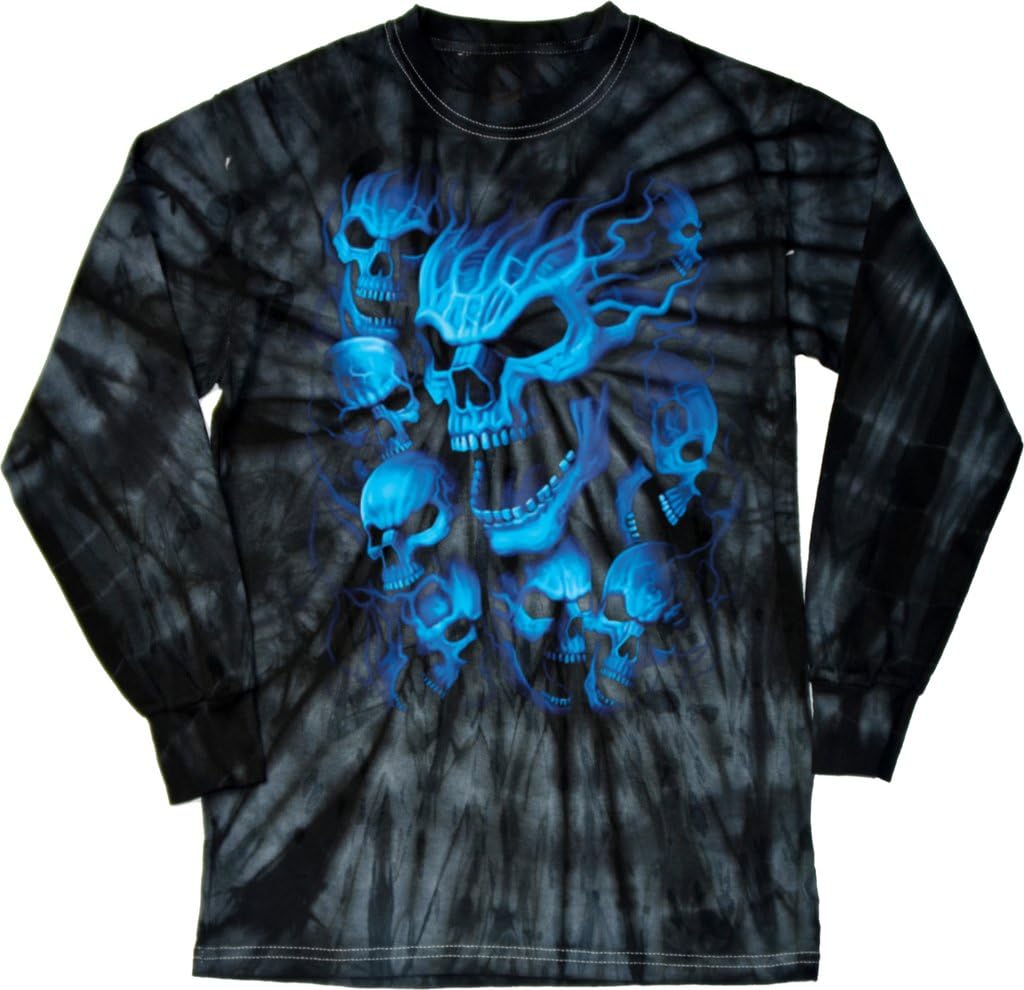 Mens Flaming Screaming Blue Skulls Biker Long Sleeve Tie Dye Shirt