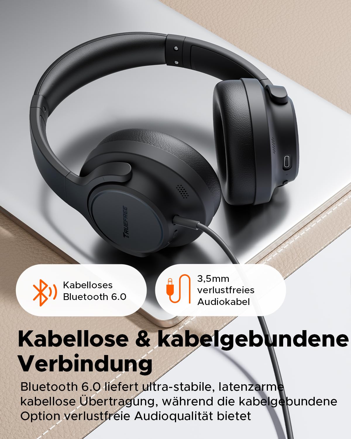 truefree HF-10 Over-Ear Bluetooth Kopfhörer mit 40mm Treiber, ANC -45dB, Raumklang, 125h Akku, AI Mikrofon, App, Gaming Modus, faltbar, USB-C, AUX, Headset mit Transparenzmodus