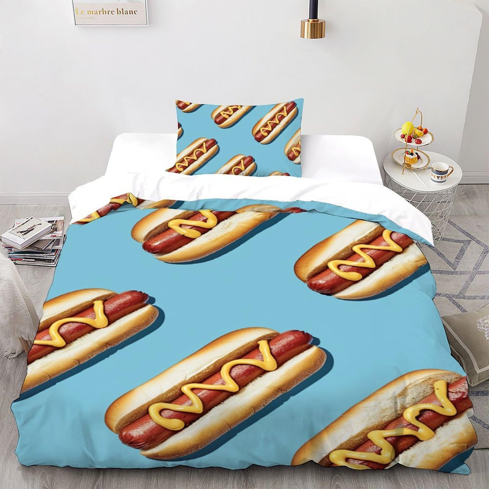 Parure de lit 2 pièces enfants housse de couette hot-dog 3D et taie d'oreiller lit simple