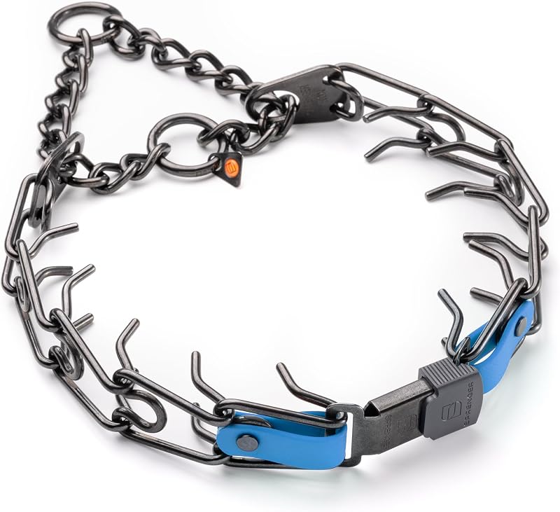 Coleira de Pinos para Cães Herm Sprenger em Aço Inoxidável Preto com Fecho ClicLock e Inserção de Biothane Cerulean Blue 63,5 cm x 4 mm