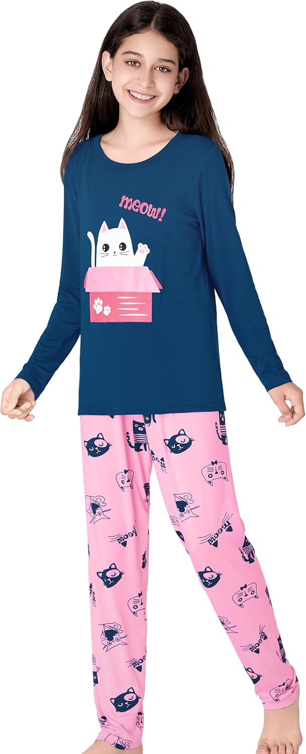 Tebbis Cute Cat Pajamas for Girls Modal Fiber Long Sleeve & Pants Pj Set Tween Size 6-18 - Image 3