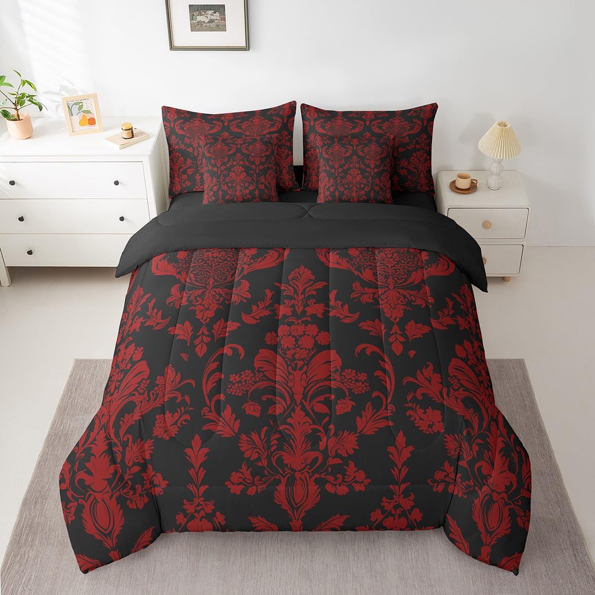 Feelyou Red Black Vintage Damask Floral Comforter Set with Sheets Oriental Antique 7 Piece Bedding Set Queen Size for Kids Boys Girls Gothic Bohemia Floral Bed in a Bag Luxury Flower Bed Set