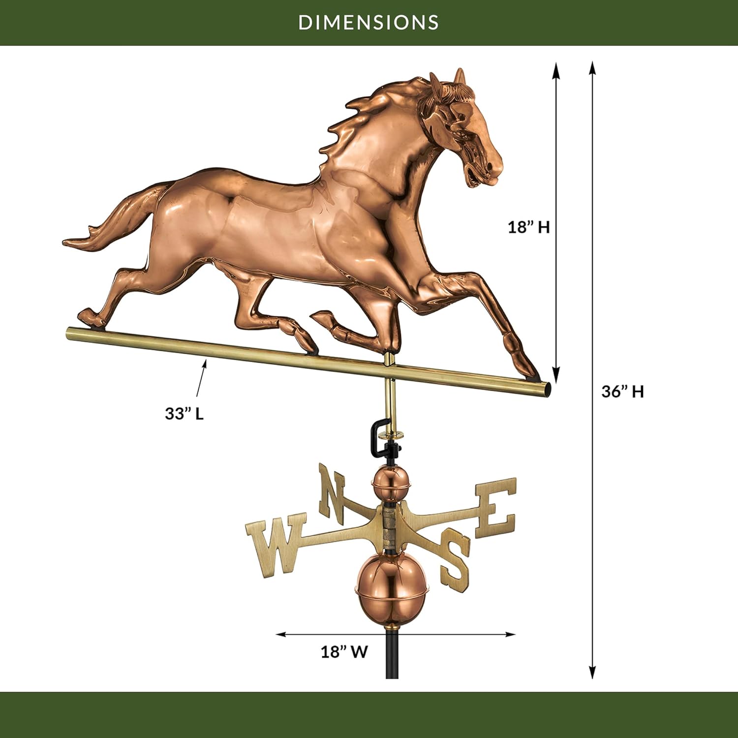 Good Directions Polished Copper Horse Weathervane – Decorative Rooftop Accent for Barns, Homes, Sheds, and Cupolas – Durable & Handcrafted