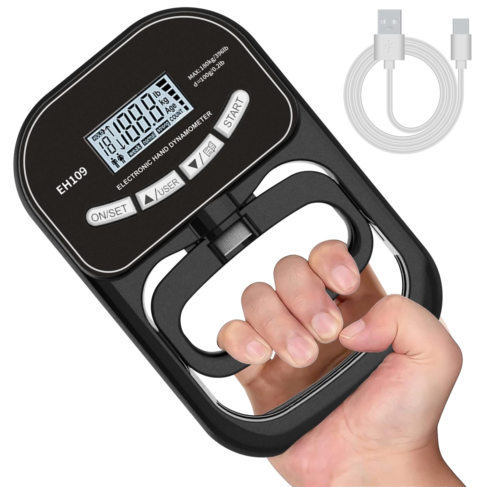 Dinamometro Mano Digitale Misuratore Elettronico Della Forza di Presa Della Forza Della Mano con Display LCD Nero Grip Trainer per la Forza di presa Trainer per la presa Regolabile 180 kg