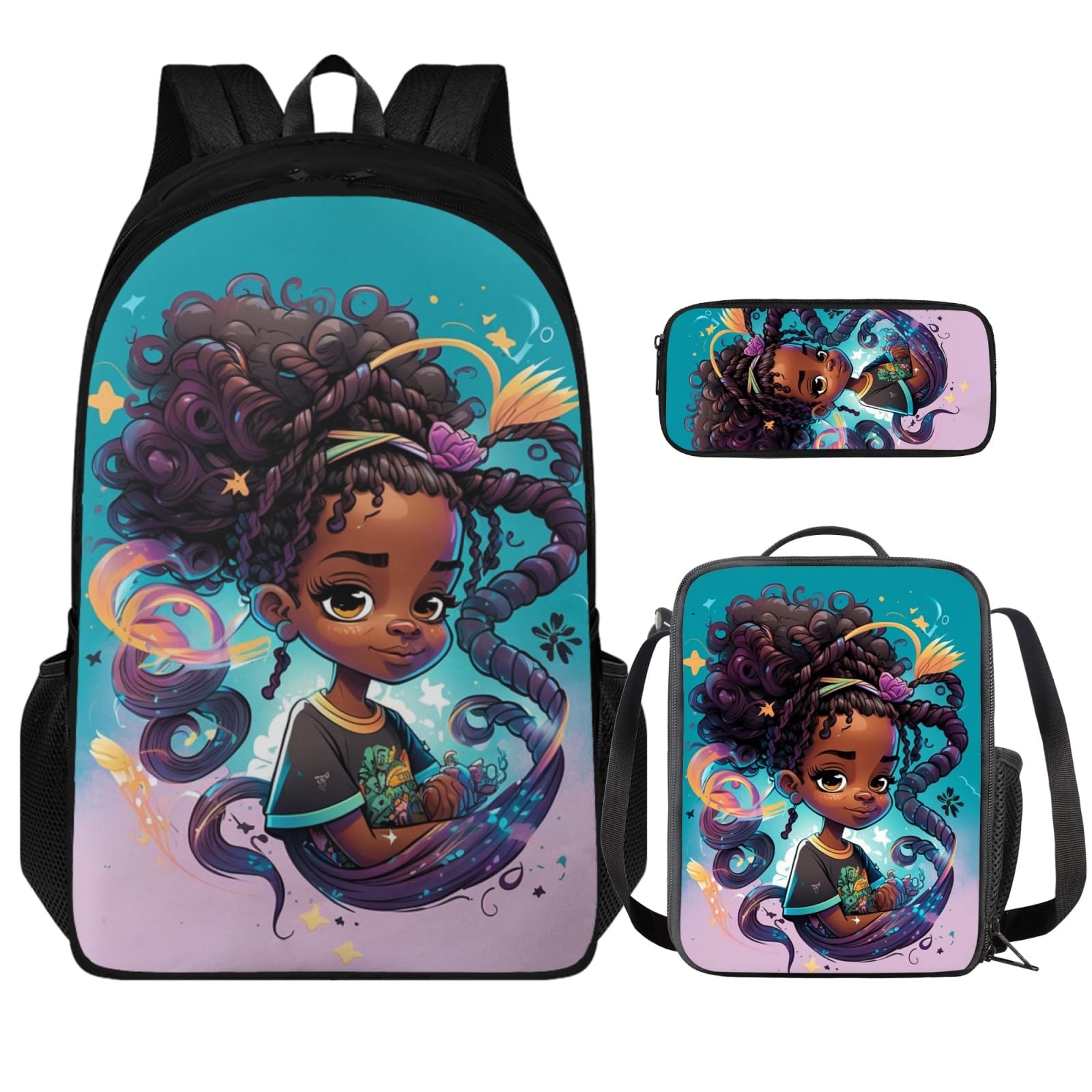 Qnxretky Afro Magic Grils 3 in 1 Backpack Set for 5-17 Years Kids African Girl Book Bag for Girls Children School Bag with Leakproof Lunch Bag and Pen