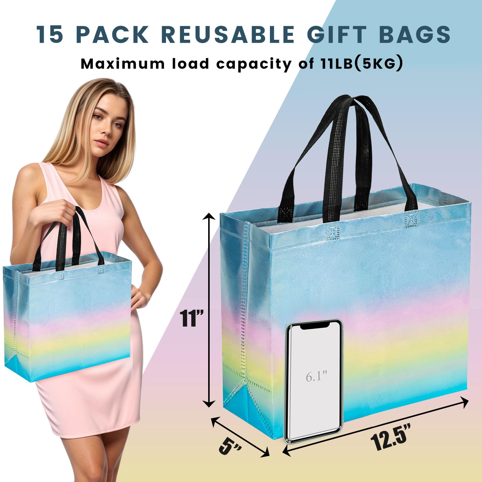 VGOODALL 15 Pack Large Gift Bags with Handles, 12.6" x 5" x 11" Iridescent Reusable Gift Bags Bulk for Birthday Wedding Party Favor