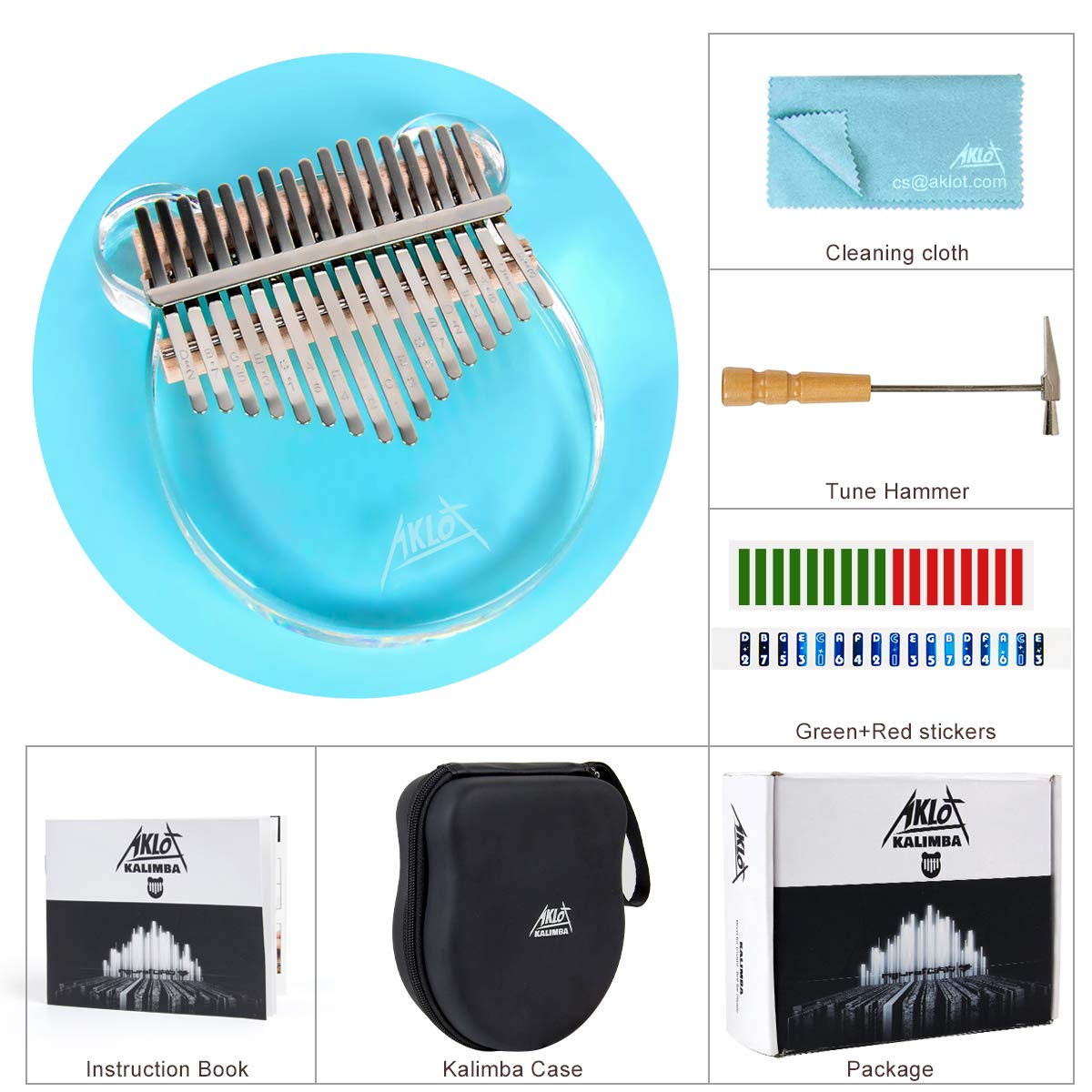 AKLOT Kalimba 17 Keys Transparent Panda acrylique Thumb Piano Note sculpté démarreur doigt piano avec Kalimba cas Tune marteau étude livret autocollants