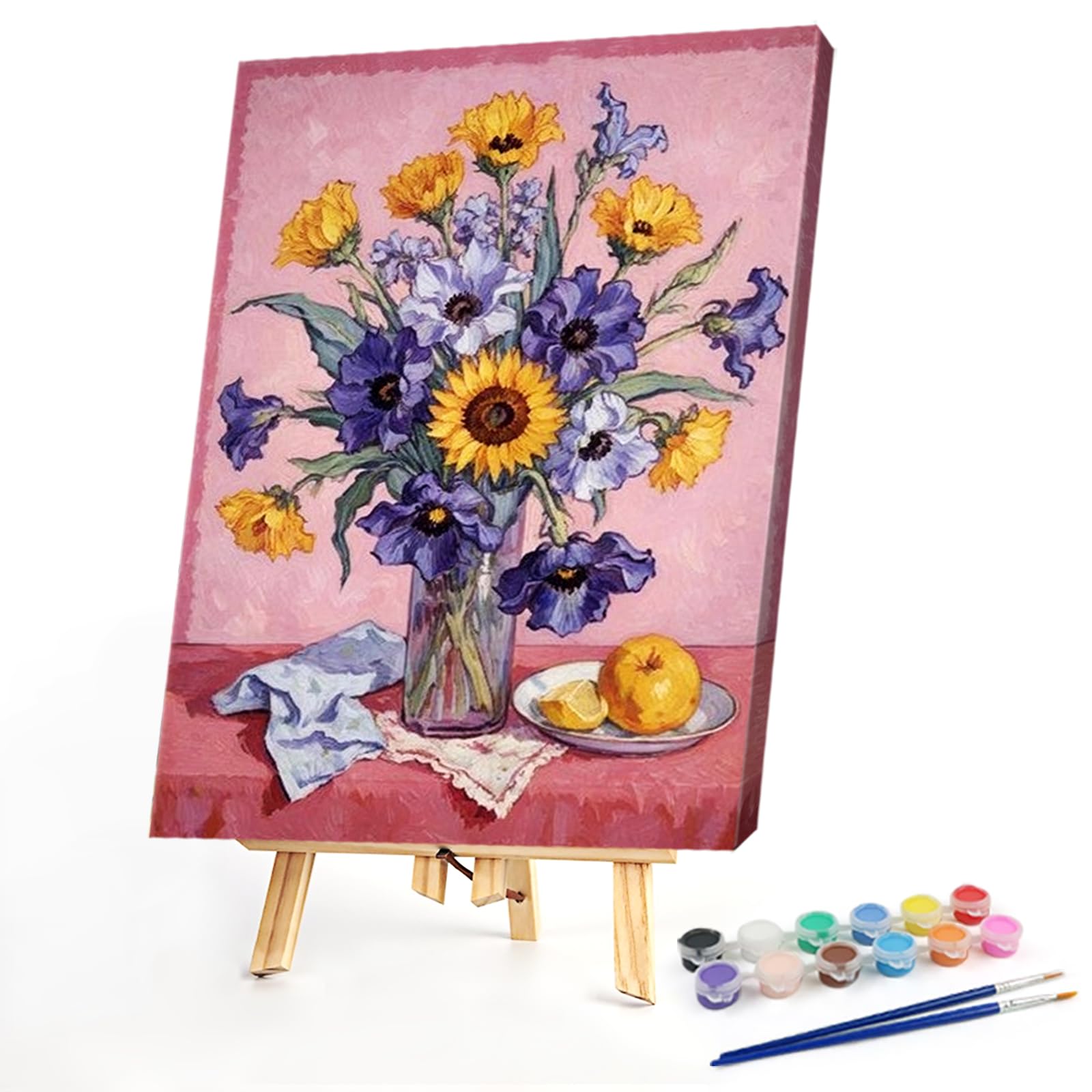 POETRYDRAW DIY Sunflower Iris Vase Paint by Numbers Kit, 11.81x15.74in Canvas with Frame, 18 Colors, 5ml Acrylic, Easy for Beginners & Adults, Home Wall Decor, Gift
