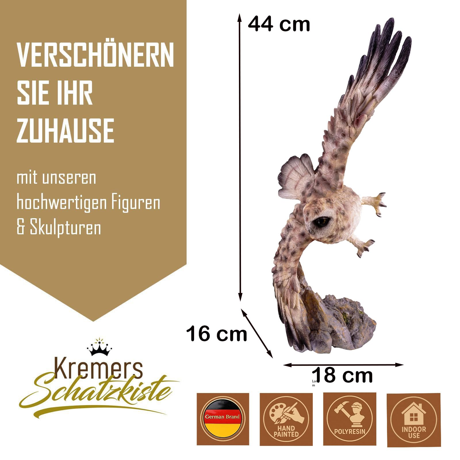 Kremers Schatzkiste Figurka dekoracyjna sowa latająca brązowa duże sowy rzeźba 44 x 18 cm z żywicy poliestrowej ręcznie malowana - elegancka dekoracja salonu do salonu, regału i komody