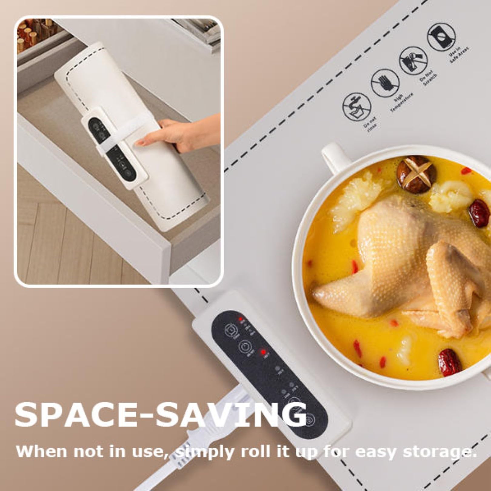 Tappetino Riscaldante per Alimenti in Silicone con 3 Impostazioni di Temperatura 60–100°C, Vassoio Elettrico Riscaldante a Superficie Completa per Buffet, Cene in Casa Black 38x38cm
