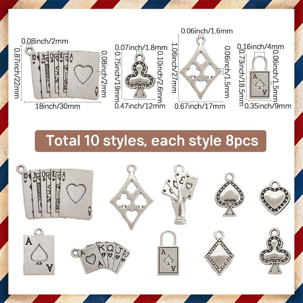 SUNNYCLUE 1 Box 80Pcs 10 Styles Silver Poker Charms Playing Cards Charms Tibetan Alloy Metal Ace of Spades Clue Games Rhombus Heart Lock Pendants for Jewelry Making Findings Necklaces DIY Crafts - Image 2
