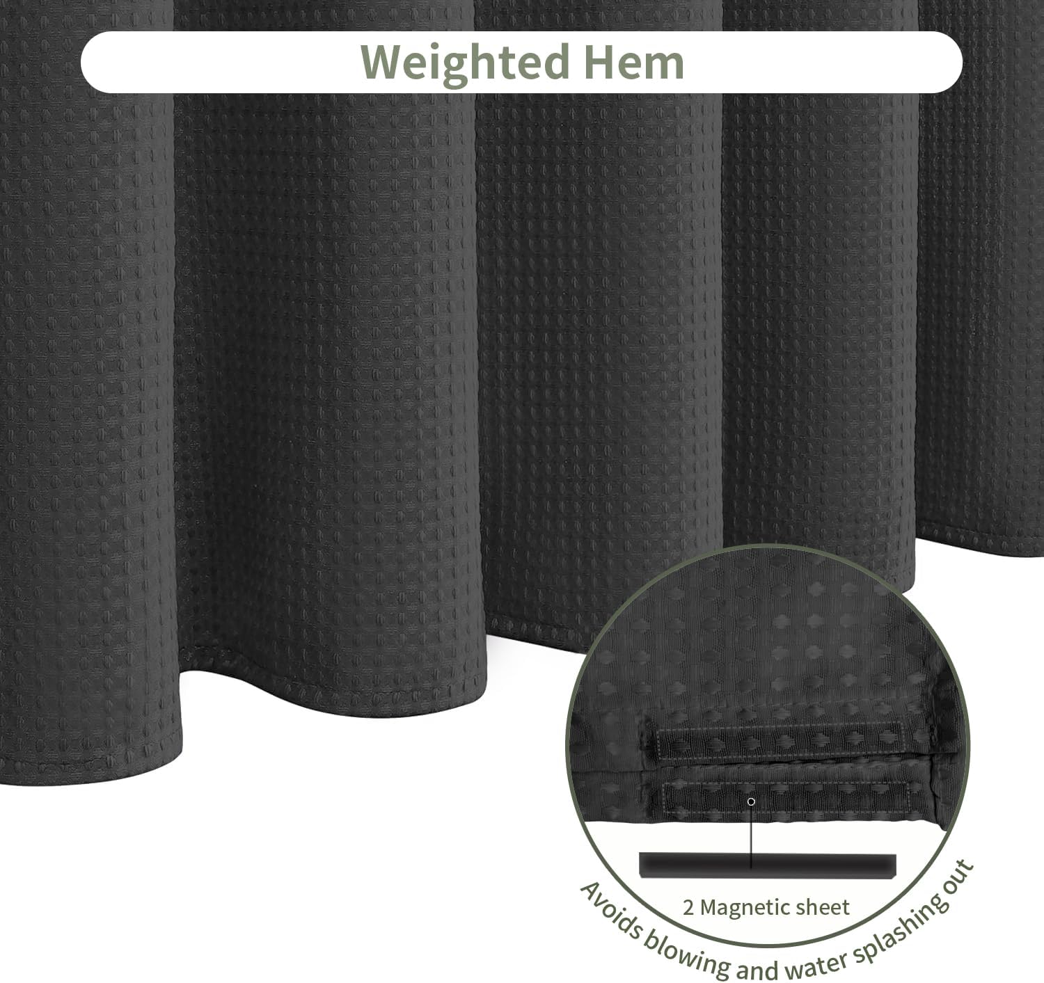 Inhousolu Fabric Shower Curtain Waffle Weave, 230 GSM Heavy Duty, Weighted Hem, 14 Metal Hooks, Water Repellent, Machine Washable, Hotel Spa Luxury Bath Curtain Set, 72 x 84 Inch, Black