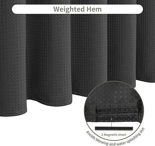 Miniatura 5 de Inhousolu - Cortina de ducha de tela con tejido de gofre, resistente de 7.16 ozm, dobladillo pesado, 14 ganchos de metal, repelente al agua, lavable